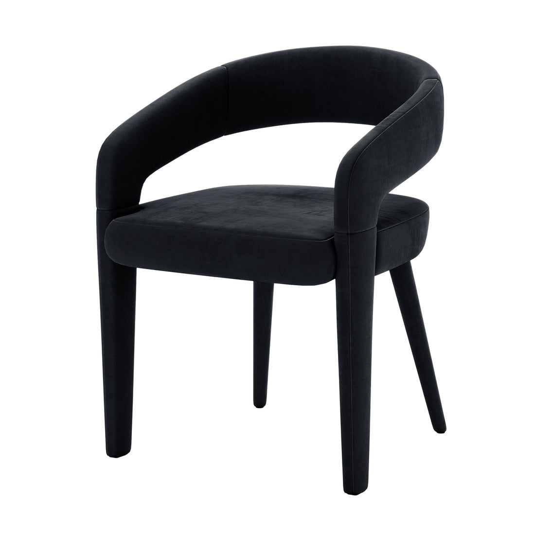 Eisha Velvet Dining Chair Black Set of 2 features a sleek, curved backrest and plush velvet upholstery, supported by sturdy metal legs with built-in footrests, offering modern elegance and comfort.