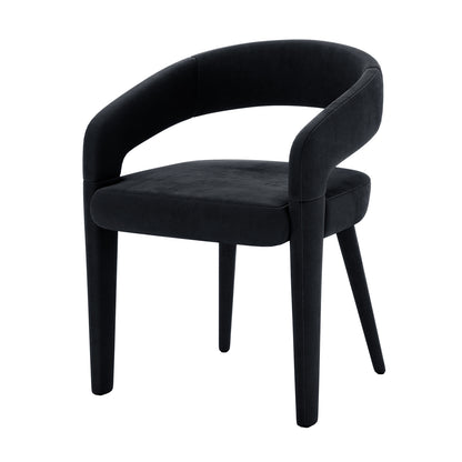 Eisha Velvet Dining Chair Black Set of 2 features a sleek, curved backrest and plush velvet upholstery, supported by sturdy metal legs with built-in footrests, offering modern elegance and comfort.