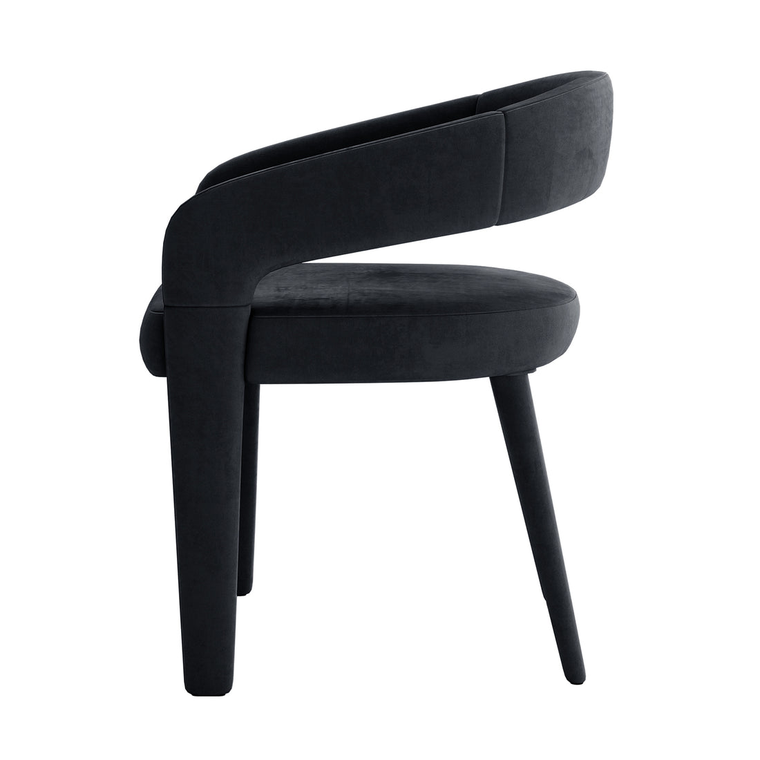 Eisha Velvet Bar Stool Set of 2 featuring black velvet upholstery, wooden legs, a curved backrest, armrests, and built-in footrest. Ideal for kitchen islands and home bars, providing style and comfort.