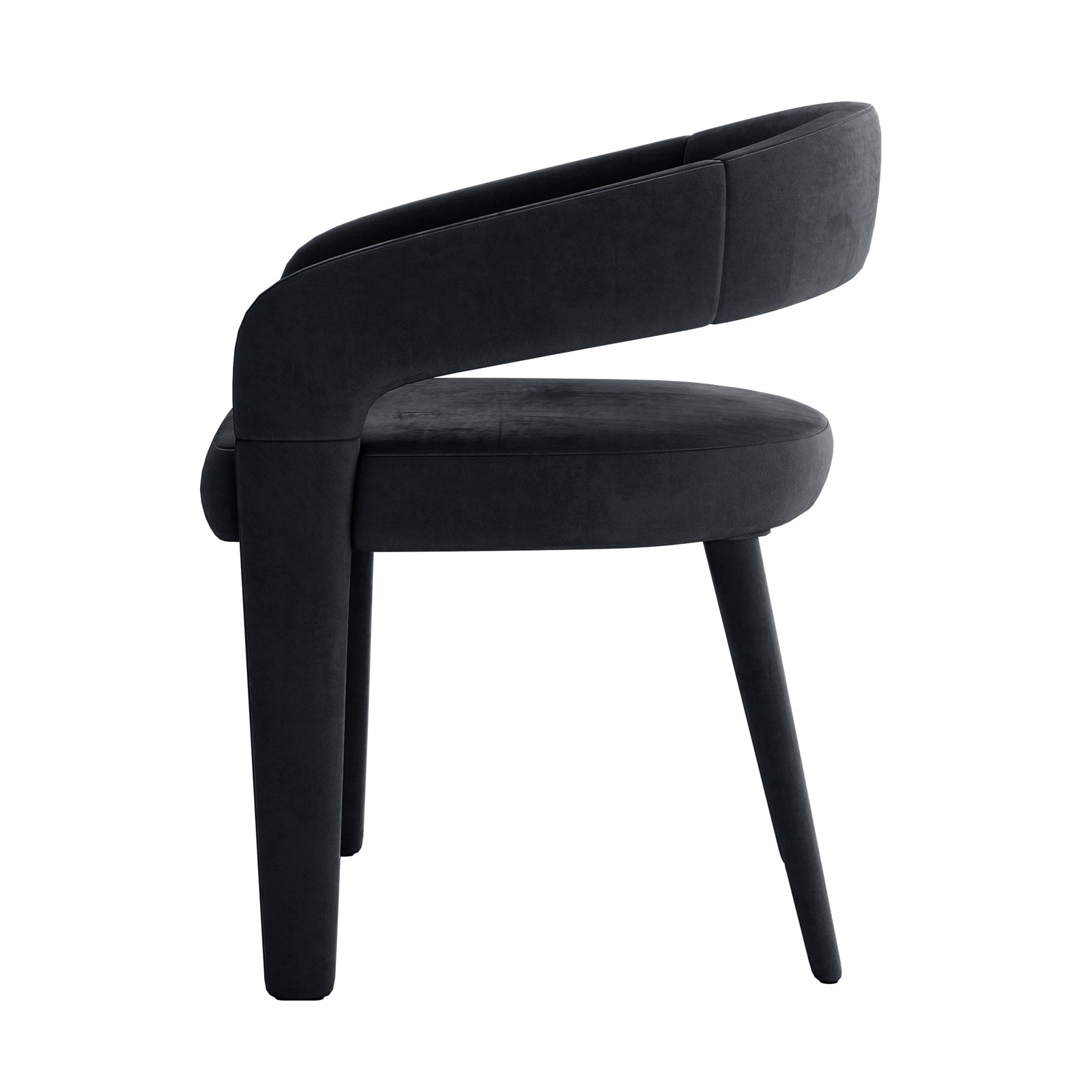 Eisha Velvet Bar Stool Set of 2 featuring black velvet upholstery, wooden legs, a curved backrest, armrests, and built-in footrest. Ideal for kitchen islands and home bars, providing style and comfort.