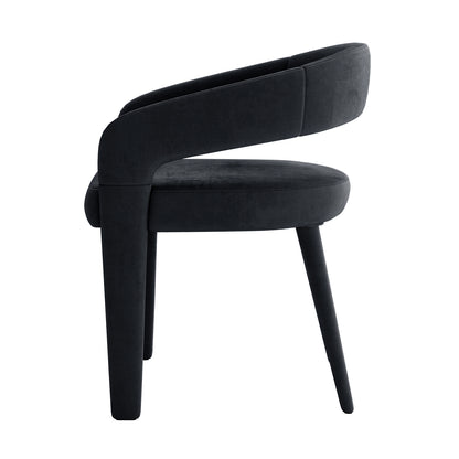 Eisha Velvet Bar Stool Set of 2 featuring black velvet upholstery, wooden legs, a curved backrest, armrests, and built-in footrest. Ideal for kitchen islands and home bars, providing style and comfort.