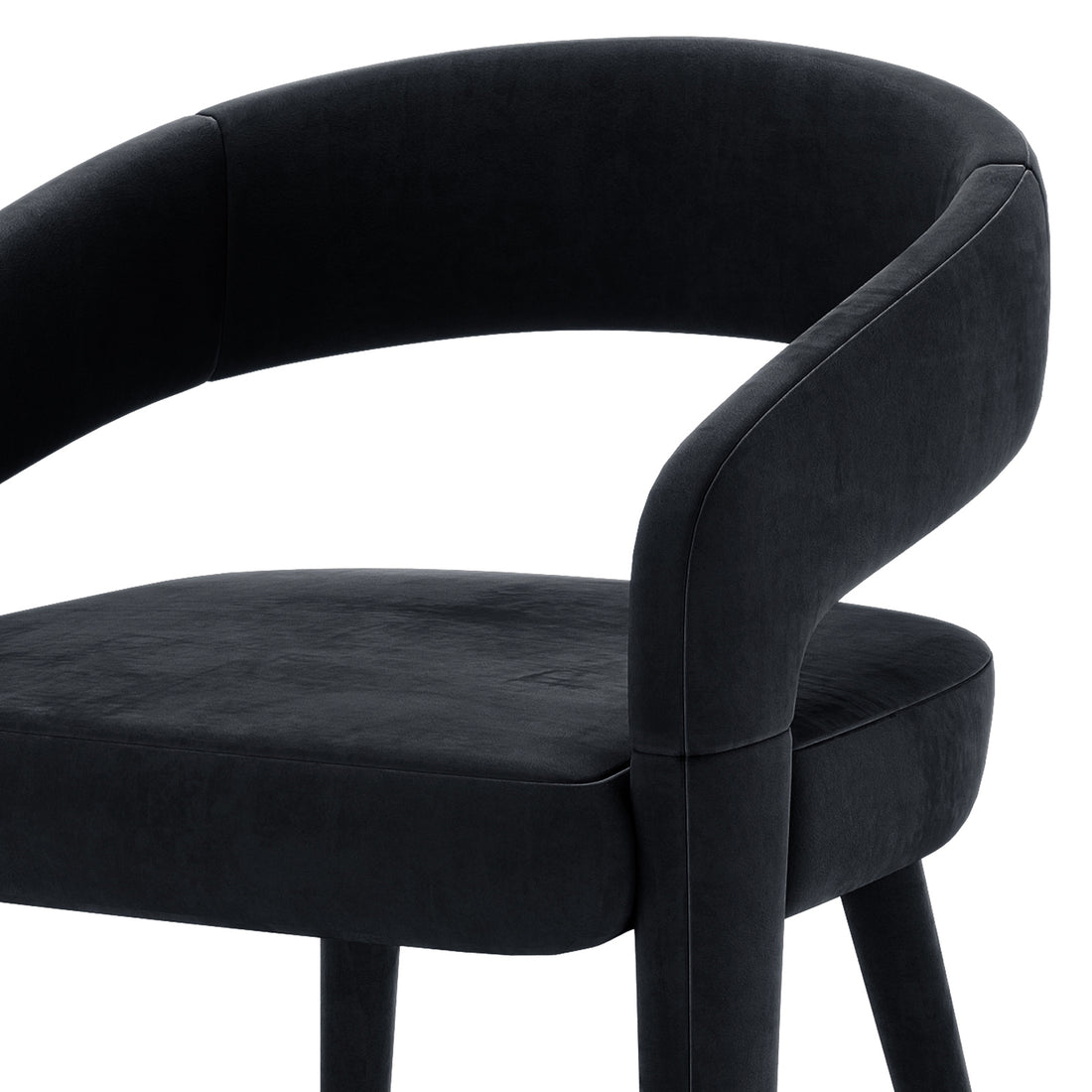 Eisha Velvet Dining Chair Black Set of 2, featuring plush velvet upholstery, curved backrest, armrests, and footrest on a sturdy metal frame with anti-slip pads for enhanced support and comfort.