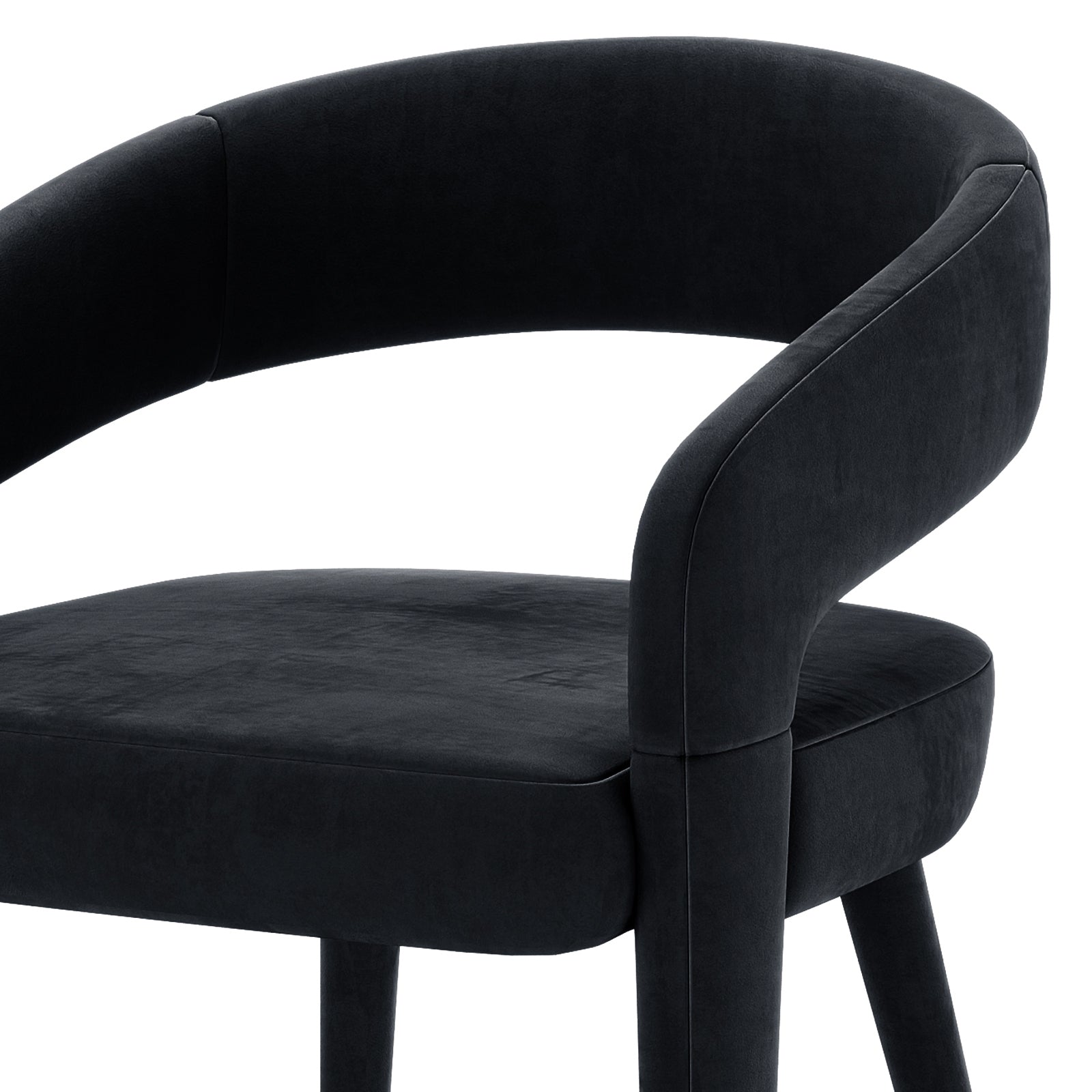 Eisha Velvet Dining Chair Black Set of 2, featuring plush velvet upholstery, curved backrest, armrests, and footrest on a sturdy metal frame with anti-slip pads for enhanced support and comfort.