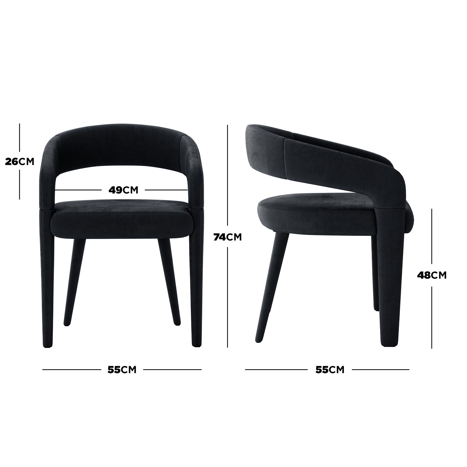 Eisha Velvet Dining Chair Black Set of 2, showcasing a side and back view, features a plush velvet fabric, curved backrest, built-in footrest, and sturdy metal frame with anti-slip pads for stability.