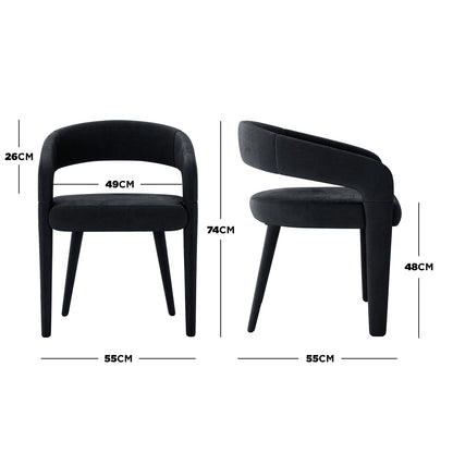 Eisha Velvet Dining Chair Black Set of 2, showcasing a side and back view, features a plush velvet fabric, curved backrest, built-in footrest, and sturdy metal frame with anti-slip pads for stability.