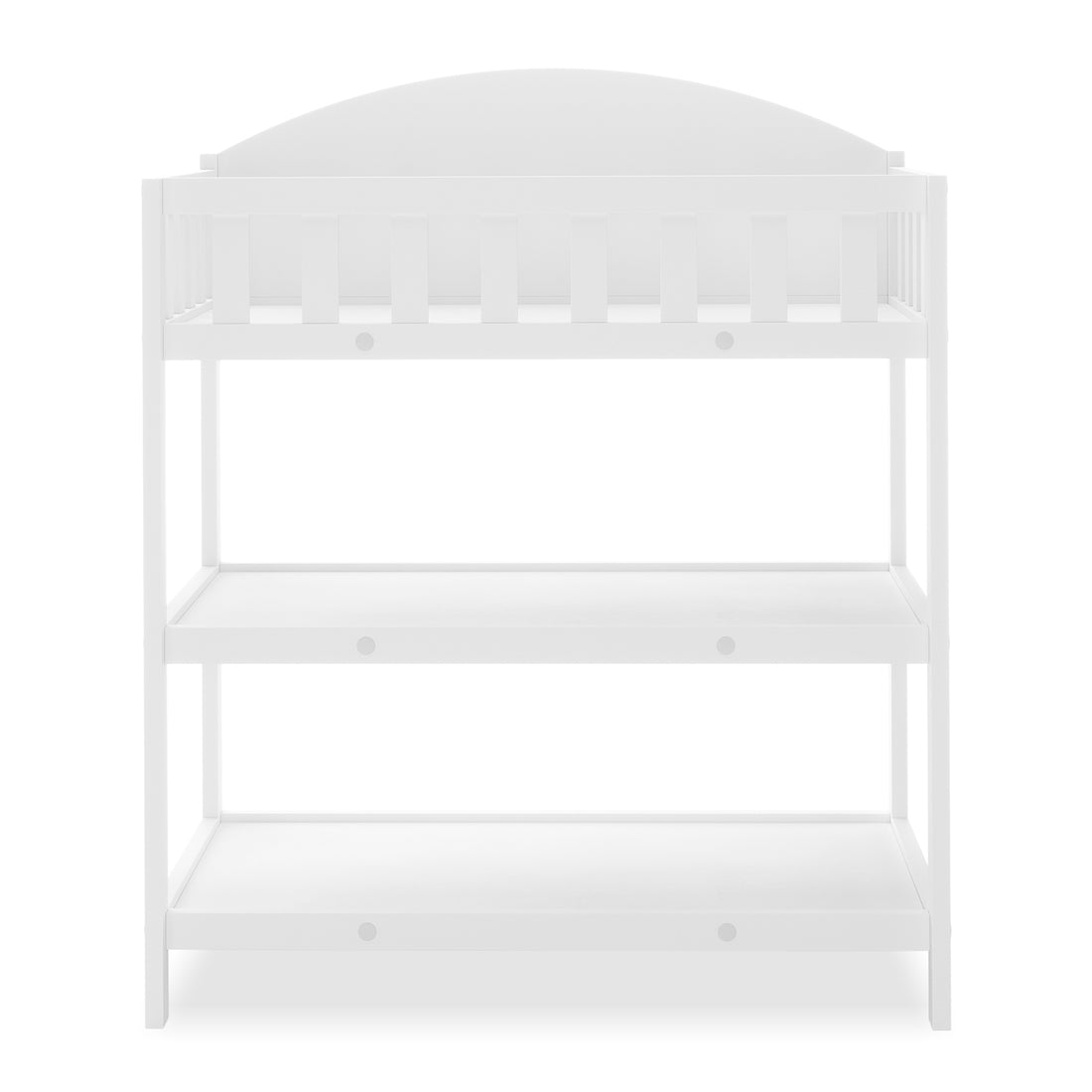 Elisabeth Solid Pine Baby Change Table with Storage in White features a raised railed top shelf and two open shelves below, ideal for organizing nursery essentials efficiently.
