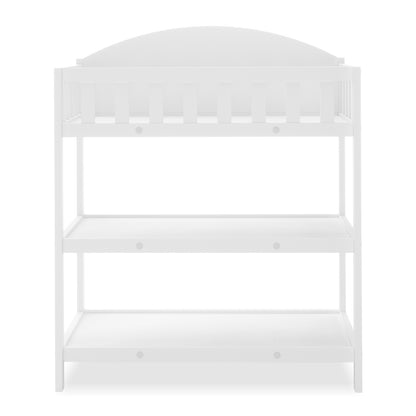 Elisabeth Solid Pine Baby Change Table with Storage in White features a raised railed top shelf and two open shelves below, ideal for organizing nursery essentials efficiently.