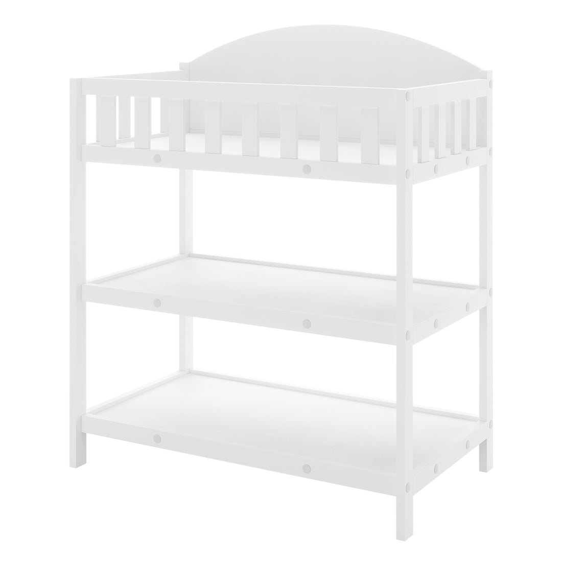 Elisabeth Solid Pine Baby Change Table with Storage in White features a sleek design with a three-tier structure, including a top shelf with guard rails and two open shelves underneath.