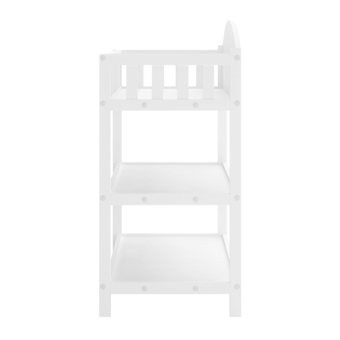 Elisabeth Solid Pine Baby Change Table with Storage in White features a three-tier design with a top changing tray and two open shelves below, perfect for organizing nursery essentials.