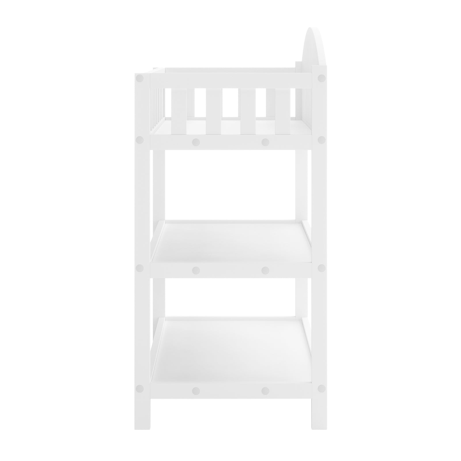 Elisabeth Solid Pine Baby Change Table with Storage in White features a three-tier design with a top changing tray and two open shelves below, perfect for organizing nursery essentials.
