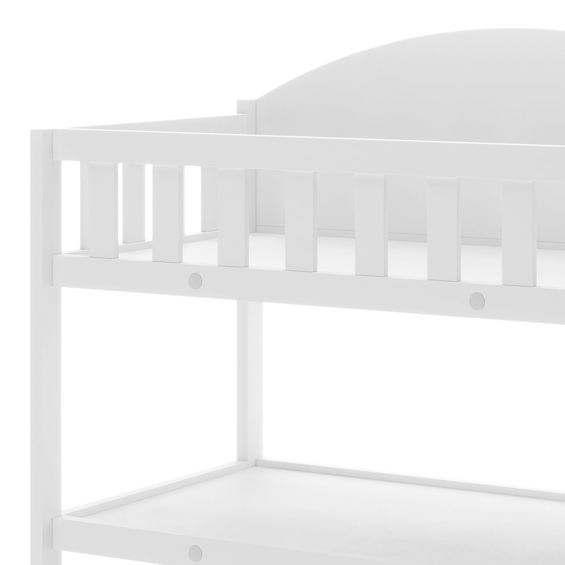 Elisabeth Solid Pine Baby Change Table with Storage in White, featuring a close-up of the top bunk guardrail slats and shelving/platform below, showcasing its sturdy design and functional storage shelves.