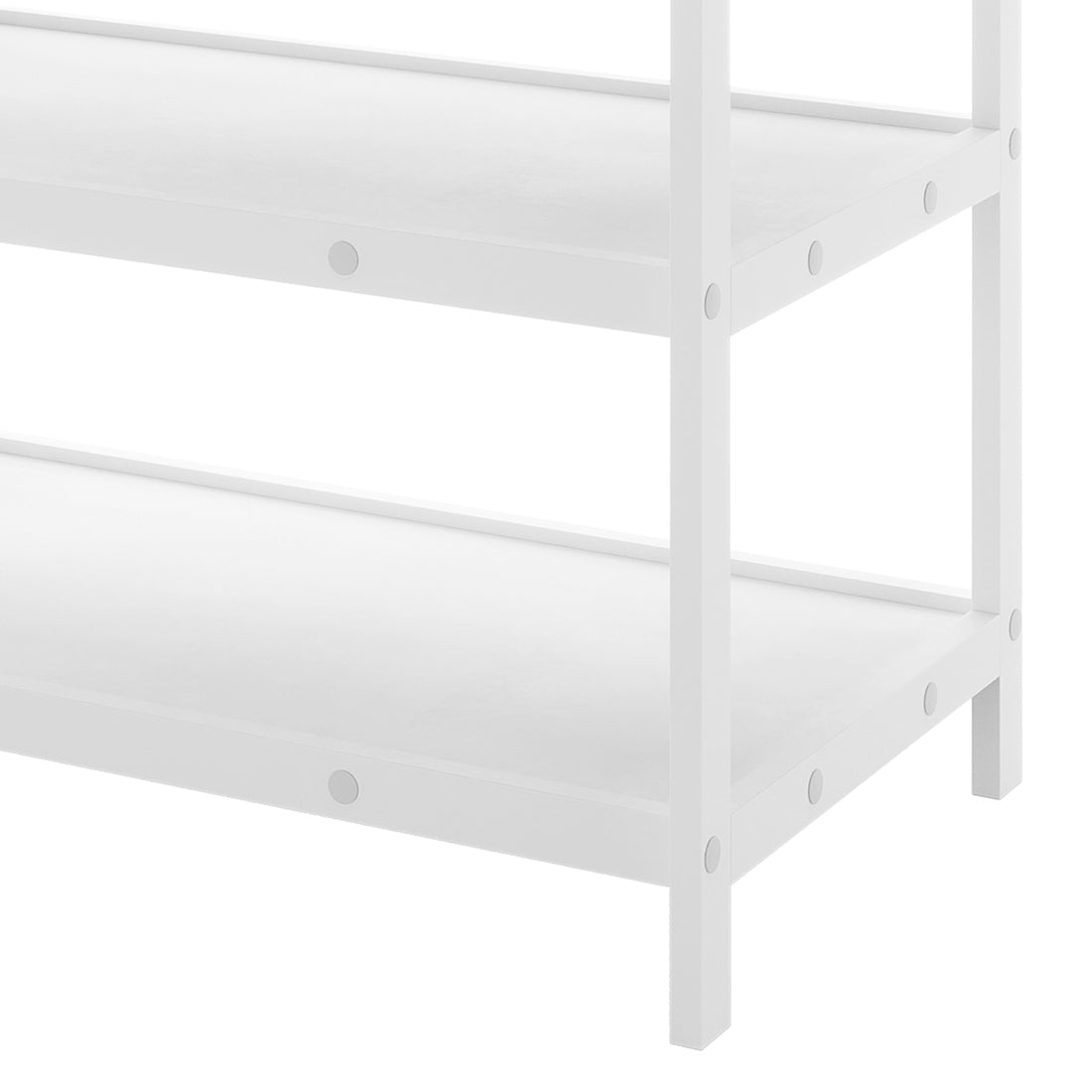 Elisabeth Solid Pine Baby Change Table with Storage in White features two minimalist shelves and vertical posts with round plastic caps, perfect for organizing nursery essentials efficiently and safely.