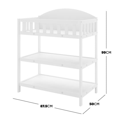 Elisabeth Solid Pine Baby Change Table with Storage in White, featuring a three-tier design with a top shelf guard-rail and two spacious open shelves beneath for organized storage. Dimensions: 87.5x50x99 cm.