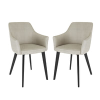 Ella Linen Dining Chair Set of 2 in Cream White, featuring gently curved, upholstered seats with integrated low armrests, and four tapered black legs, showcasing a modern dining-style design.
