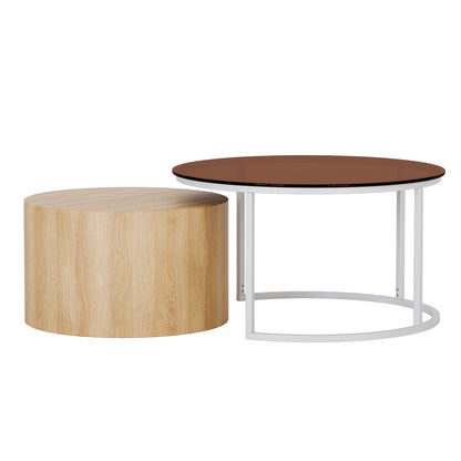 Ellisha Round Nesting Coffee Table with Steel Legs Natural, featuring a close-up of its sleek wood surface and round tabletop, showcasing its minimalist design and sturdy construction.