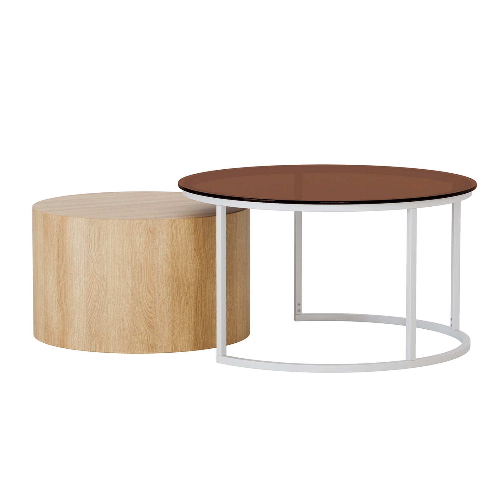 Ellisha Round Nesting Coffee Table in Natural, featuring a cylindrical light oak wood-grain table and a low circular table with a white metal frame and brown glass top, showcasing modern design.