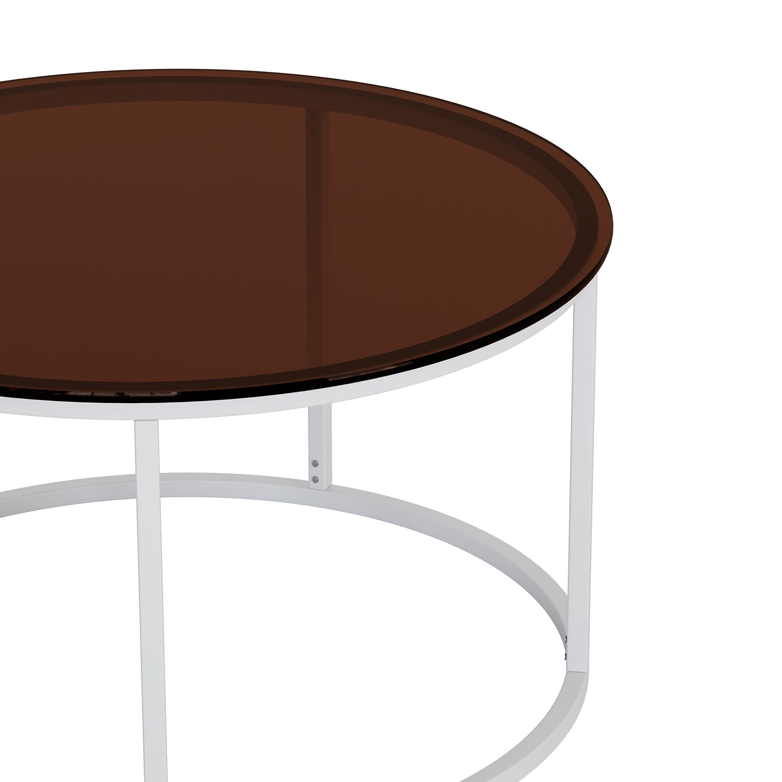 Ellisha Round Nesting Coffee Table in Natural features a dark-brown glass top, white metal frame with three legs, and circular stretcher, showcasing a modern design and practical elegance.