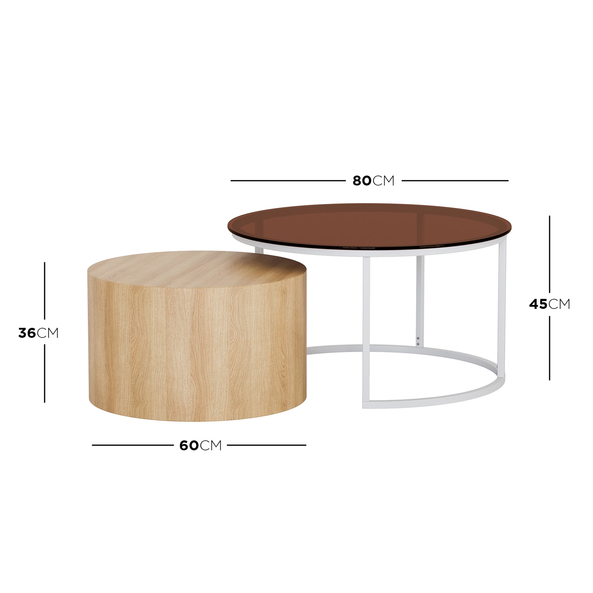 Ellisha Round Nesting Coffee Table in Natural features a small light oak-tone wood veneer table and a larger white steel-framed table with a smoked brown glass top, offering stylish versatility.