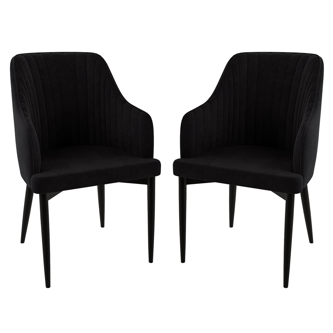 Elly Velvet Curved Dining Chair with Arms Set of 2 - Black, featuring plush upholstery, curved high-back with armrests, and sleek black metal legs, perfect for modern dining spaces.