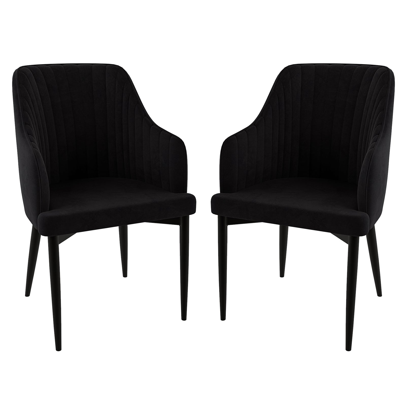 Elly Velvet Curved Dining Chair with Arms Set of 2 - Black, featuring plush upholstery, curved high-back with armrests, and sleek black metal legs, perfect for modern dining spaces.