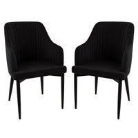 Elly Velvet Curved Dining Chair with Arms Set of 2 - Black, featuring plush upholstery, curved high-back with armrests, and sleek black metal legs, perfect for modern dining spaces.