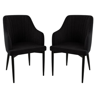 Elly Velvet Curved Dining Chair with Arms Set of 2 - Black, featuring plush upholstery, curved high-back with armrests, and sleek black metal legs, perfect for modern dining spaces.