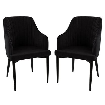 Elly Velvet Curved Dining Chair with Arms Set of 2 - Black, featuring plush upholstery, curved high-back with armrests, and sleek black metal legs, perfect for modern dining spaces.