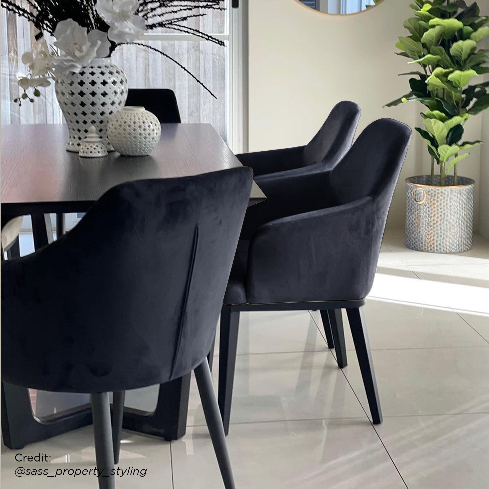Elly Velvet Curved Dining Chair with Arms (Set of 2) – Black, featuring a curved high-back design with integrated armrests and tapered metal legs, exuding contemporary elegance and comfort.