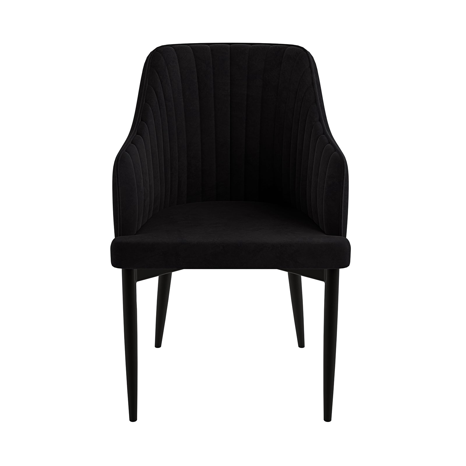 Elly Velvet Curved Dining Chair with Arms Set of 2 features plush velvet upholstery, curved high-back, integrated armrests, and tapered metal legs, offering a luxurious and comfortable seating experience.
