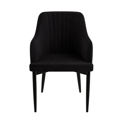 Elly Velvet Curved Dining Chair with Arms Set of 2 features plush velvet upholstery, curved high-back, integrated armrests, and tapered metal legs, offering a luxurious and comfortable seating experience.