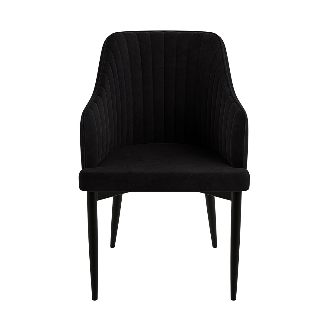 Elly Velvet Curved Dining Chair with Arms Set of 2 - Black, featuring plush upholstery, curved high-back with armrests, sturdy metal frame, and sleek tapered legs, offering luxurious comfort and modern elegance.