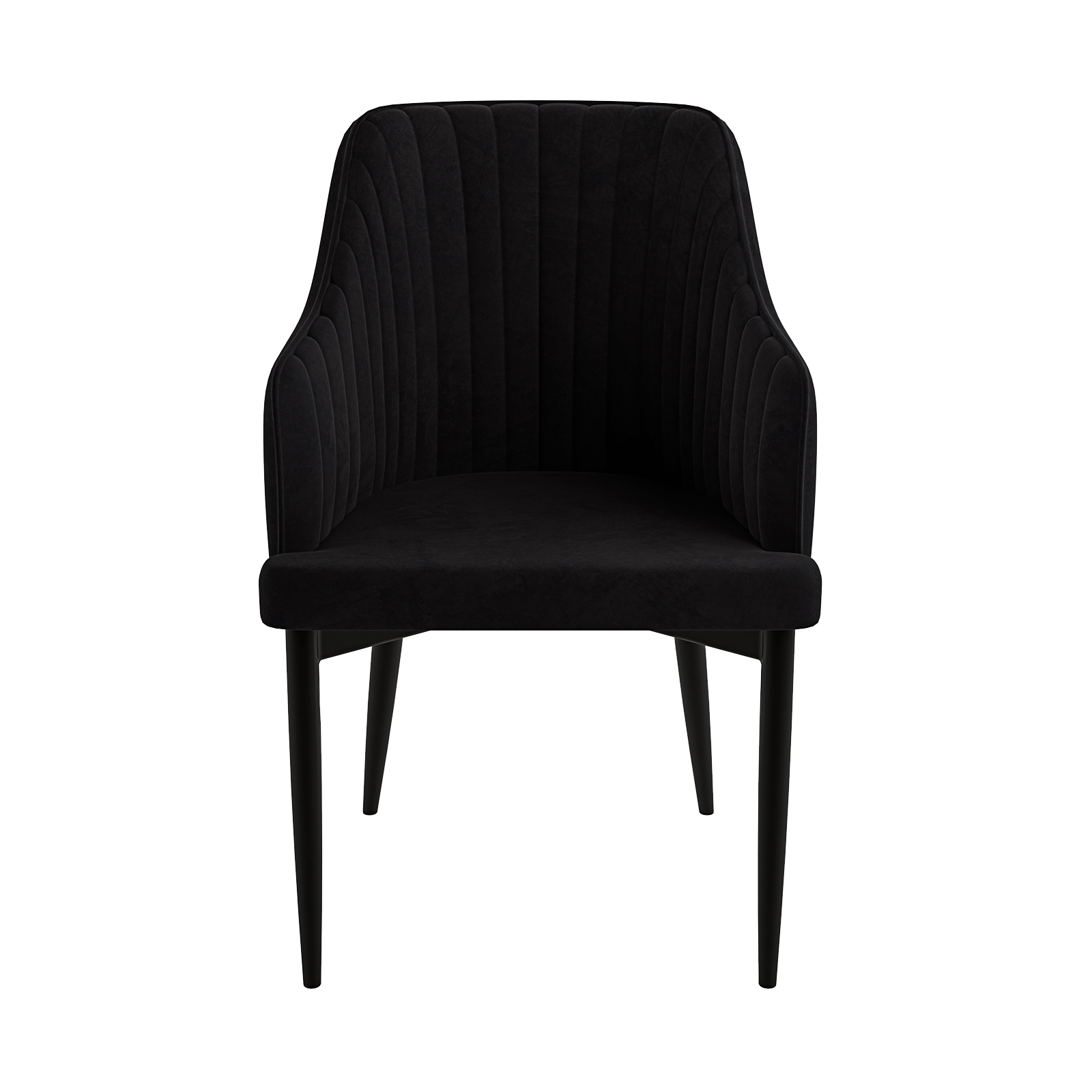 Elly Velvet Curved Dining Chair with Arms Set of 2 - Black, featuring plush upholstery, curved high-back with armrests, sturdy metal frame, and sleek tapered legs, offering luxurious comfort and modern elegance.