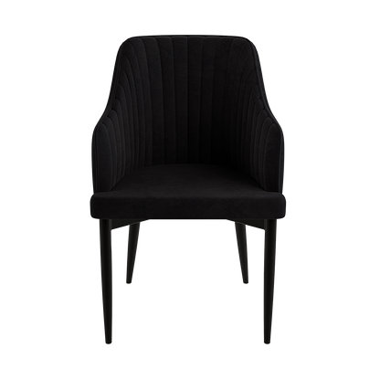 Elly Velvet Curved Dining Chair with Arms Set of 2 - Black, featuring plush upholstery, curved high-back with armrests, sturdy metal frame, and sleek tapered legs, offering luxurious comfort and modern elegance.