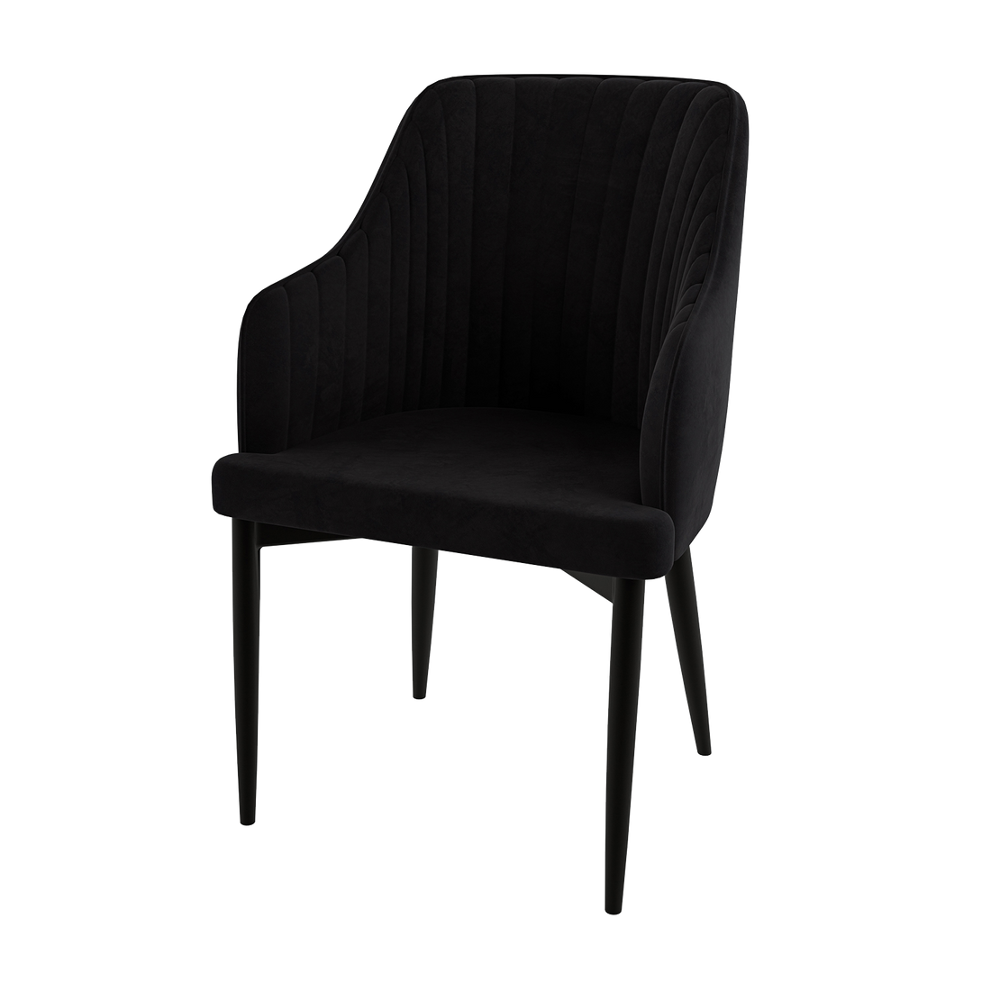 Elly Velvet Curved Dining Chair with Arms Set of 2 - Black features a plush velvet upholstery, curved high-back, and integrated armrests, offering a modern, elegant seating option for dining spaces.