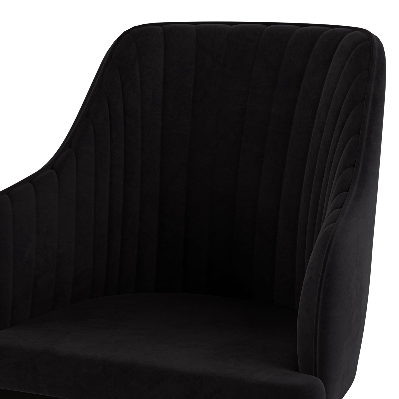 Elly Velvet Curved Dining Chair with Arms Set of 2 - Black, featuring a plush velvet upholstery, curved high-back design, integrated armrests, and tapered metal legs, showcased on a white background.