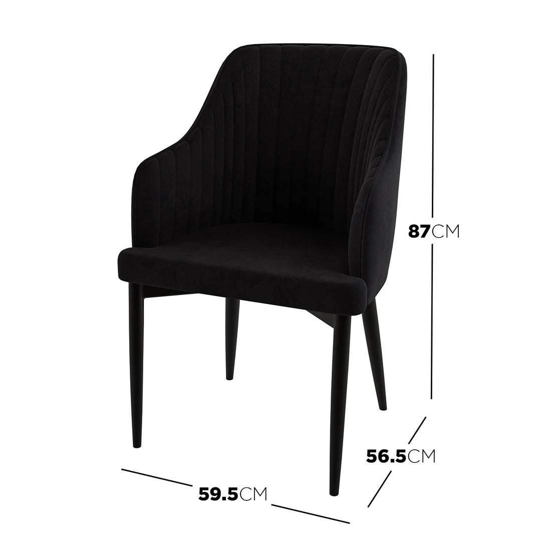 Elly Velvet Curved Dining Chair with Arms Set of 2 - Black, featuring plush velvet upholstery, curved high-back, integrated armrests, and tapered legs, highlighting its sleek design and comfort.