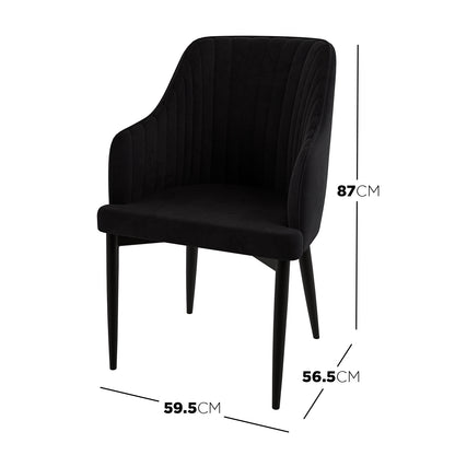 Elly Velvet Curved Dining Chair with Arms Set of 2 - Black, featuring plush velvet upholstery, curved high-back, integrated armrests, and tapered legs, highlighting its sleek design and comfort.