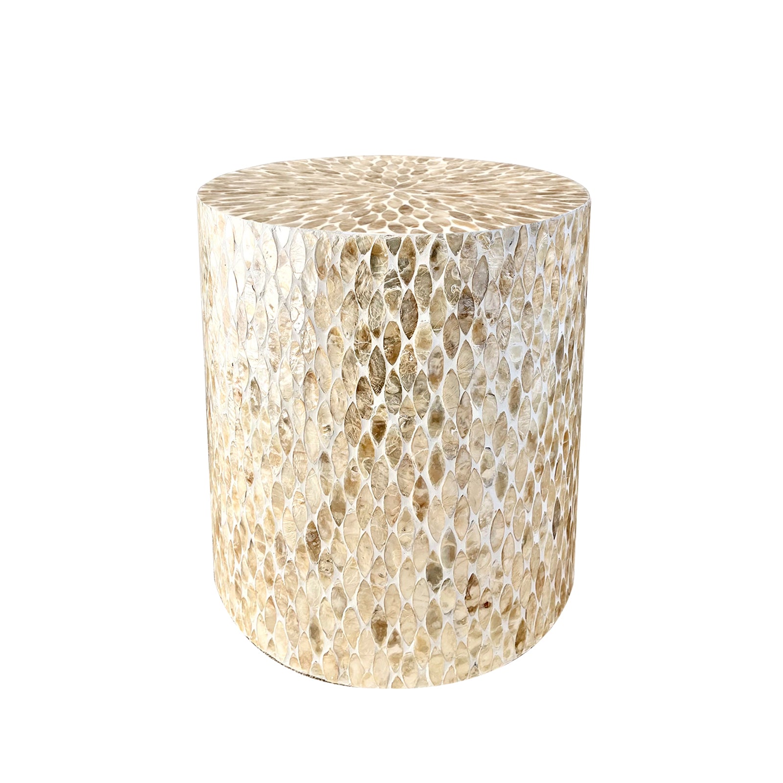 Ely 40cm Mother of Pearl Inlay Side Table in Beige, showcasing a drum shape with a pearly, honey-beige mosaic of overlapping shell pieces and elegant gold metallic feet, exuding opulence and functionality.