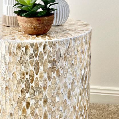 Ely 40cm Mother of Pearl Inlay Side Table in Beige features a cream-and-ivory mosaic exterior with a small potted succulent and a ribbed ceramic vase on top, showcasing its elegance and charm.