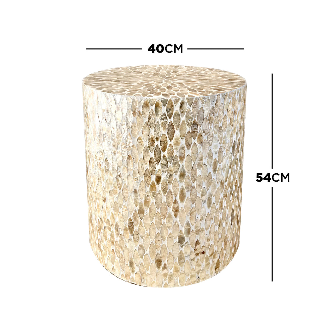 Ely 40cm Mother of Pearl Inlay Side Table in Beige, featuring a small cylindrical shape with a light-gold shell-mosaic pattern, round top, and gold metallic feet, standing 54 cm tall.
