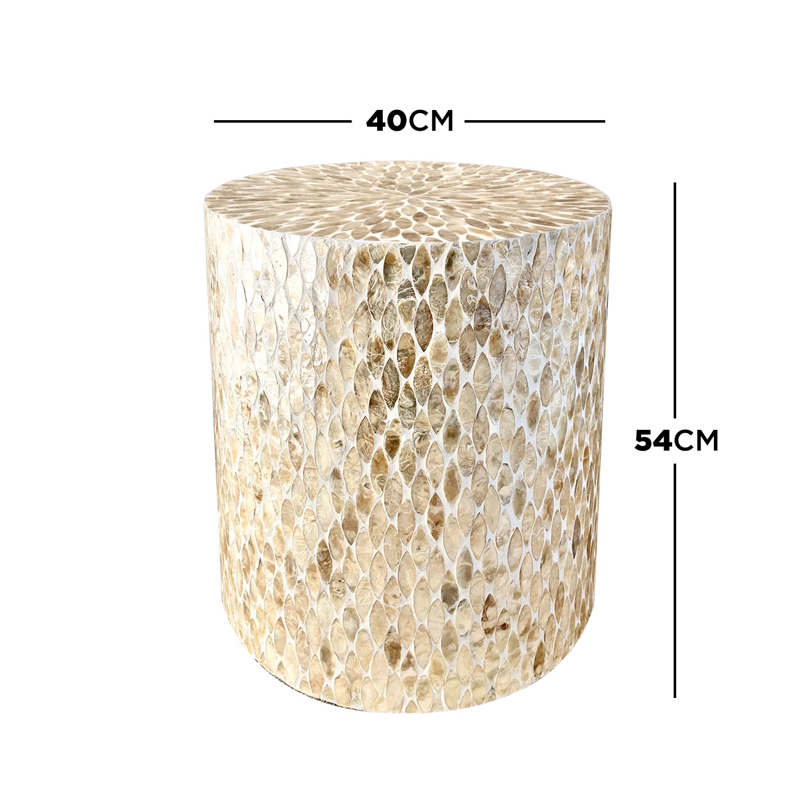 Ely 40cm Mother of Pearl Inlay Side Table in Beige, featuring a small cylindrical shape with a light-gold shell-mosaic pattern, round top, and gold metallic feet, standing 54 cm tall.