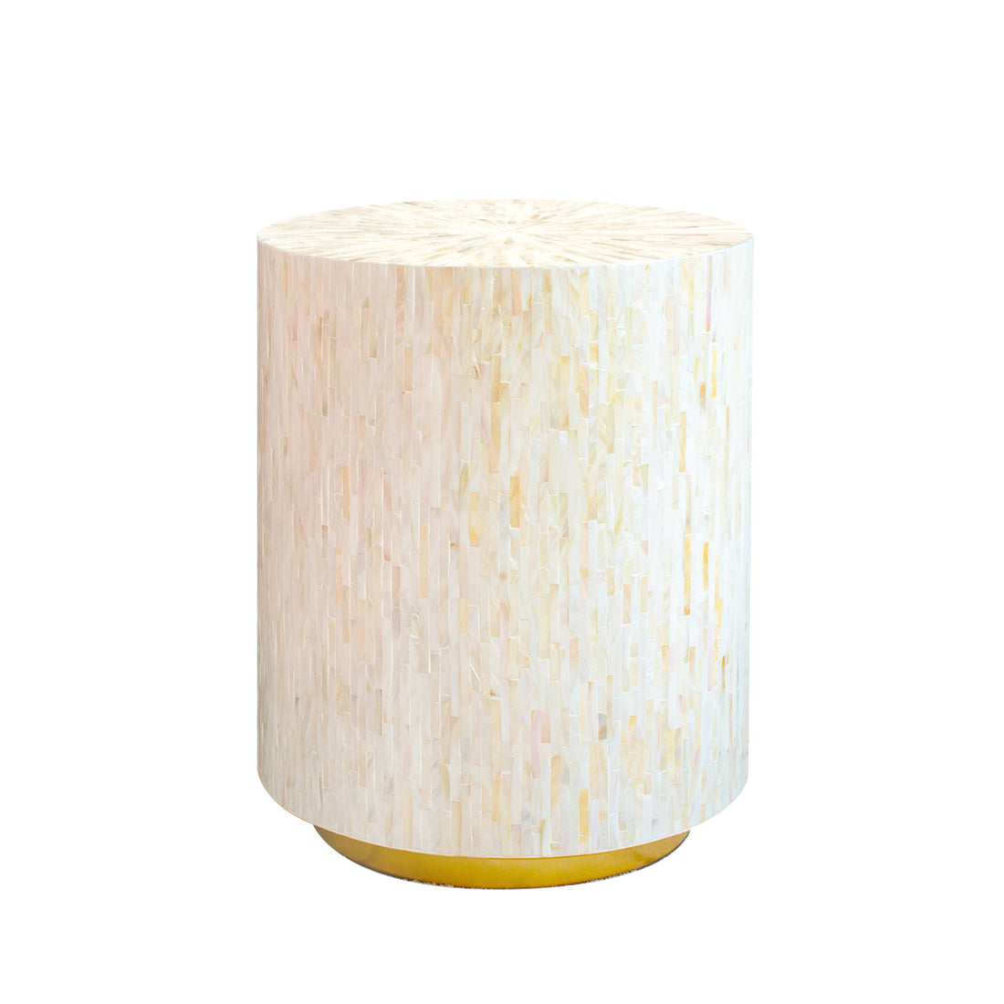 Ely 40cm Mother of Pearl Inlay Side Table in Cream, featuring a cylindrical design with a pale, iridescent mosaic body and a low, round brass-finished metal base, showcasing elegant craftsmanship.