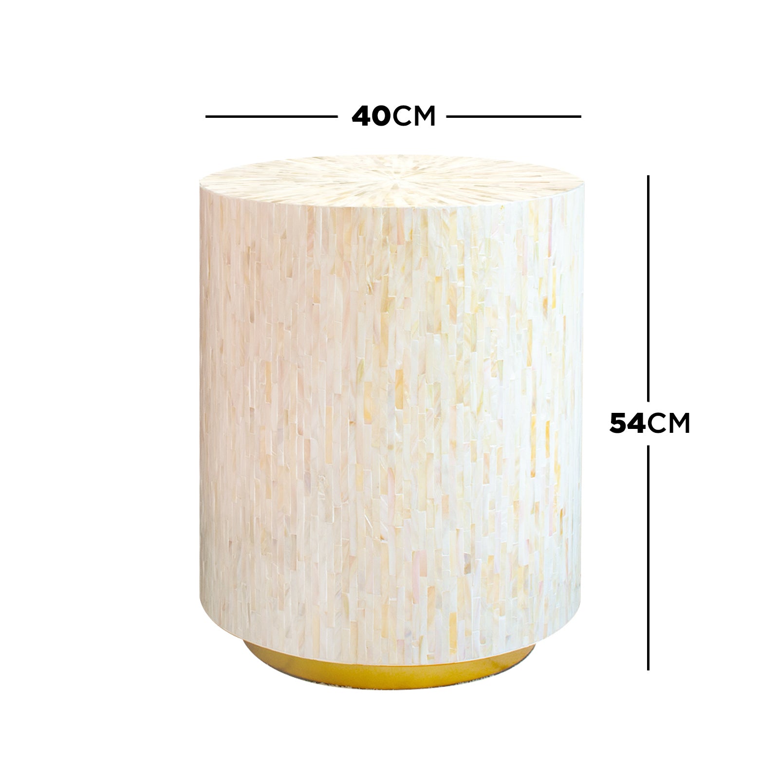Ely 40cm Mother of Pearl Inlay Side Table in Cream, featuring a cylindrical form with iridescent mosaic veneer, round top, and slim gold-colored metal base, offering an elegant, artisanal touch.