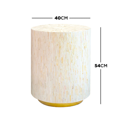 Ely 40cm Mother of Pearl Inlay Side Table in Cream, featuring a cylindrical form with iridescent mosaic veneer, round top, and slim gold-colored metal base, offering an elegant, artisanal touch.