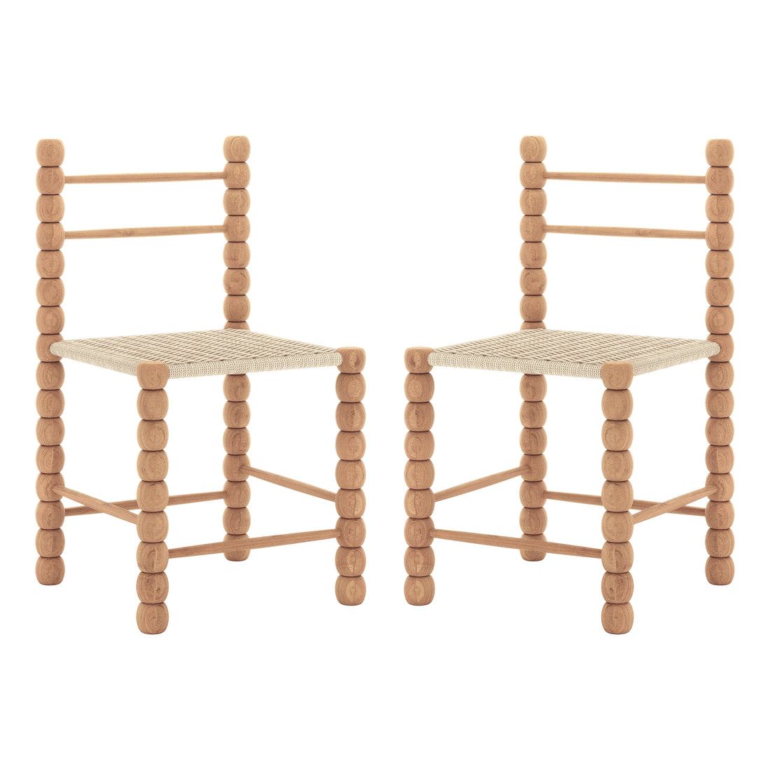 Two Em Solid Oak Dining Chairs in a bobbin style with turned wooden frames and woven seats, showcasing solid oak construction and timeless design, ideal for modern and farmhouse interiors.