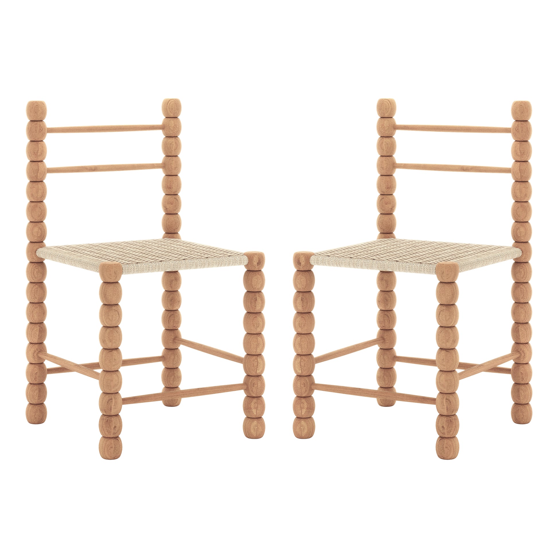 Two Em Solid Oak Dining Chairs in a bobbin style with turned wooden frames and woven seats, showcasing solid oak construction and timeless design, ideal for modern and farmhouse interiors.