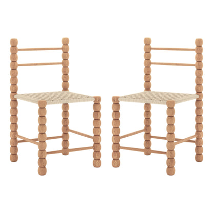 Two Em Solid Oak Dining Chairs in a bobbin style with turned wooden frames and woven seats, showcasing solid oak construction and timeless design, ideal for modern and farmhouse interiors.