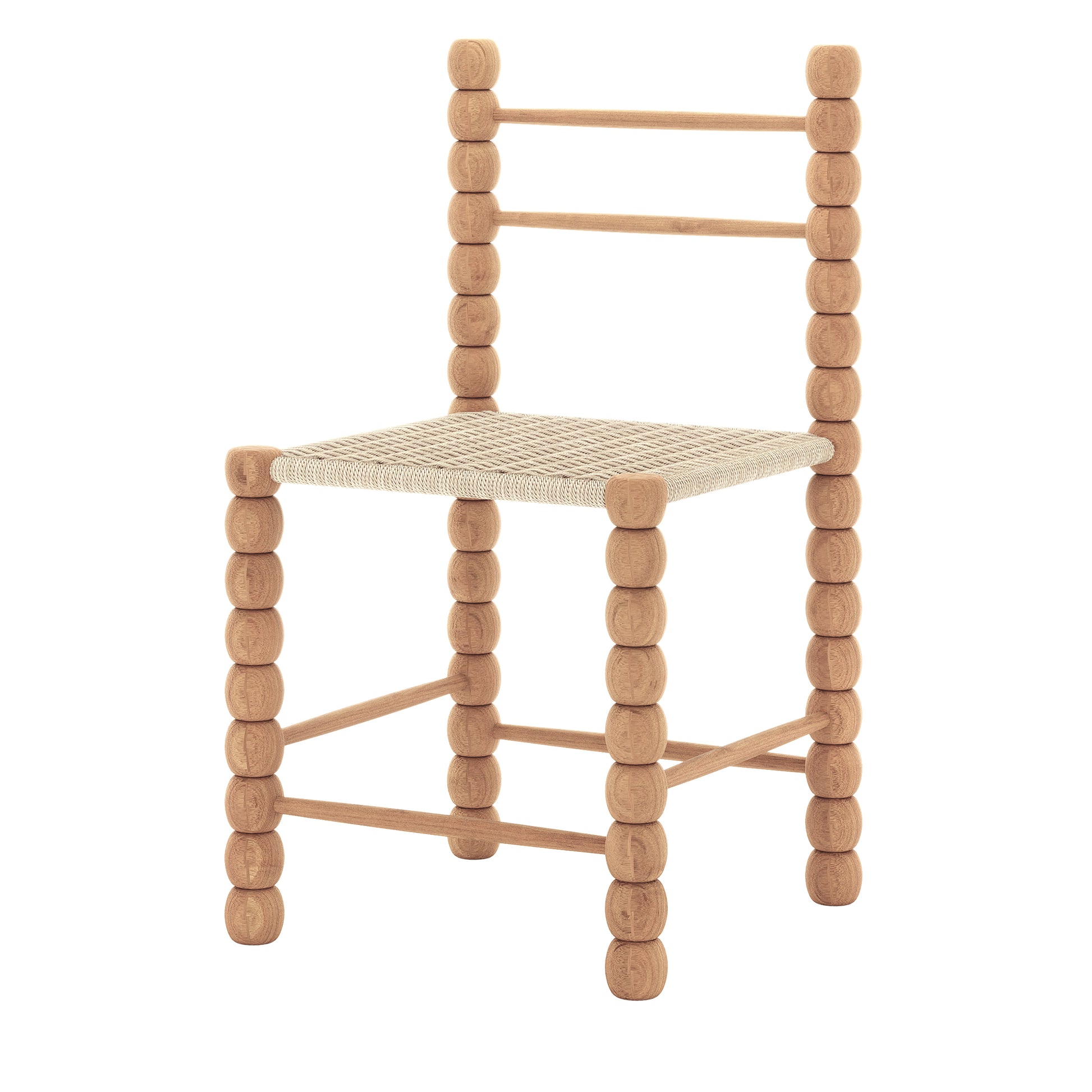 Em Solid Oak Dining Chair Set of 2 - Natural features a bobbin-style frame of rounded wooden beads and a tightly woven natural-fiber seat, offering rustic charm and modern design against a plain background.