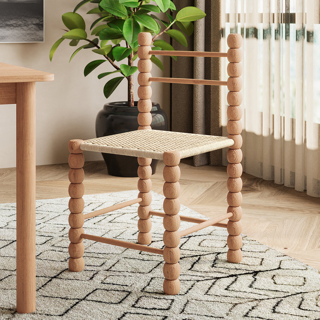 Em Solid Oak Dining Chair Set of 2 - Natural features a bobbin-style frame of spherical wooden legs, a woven natural fiber seat, and simple dowel backrest, enhancing dining spaces with rustic charm.
