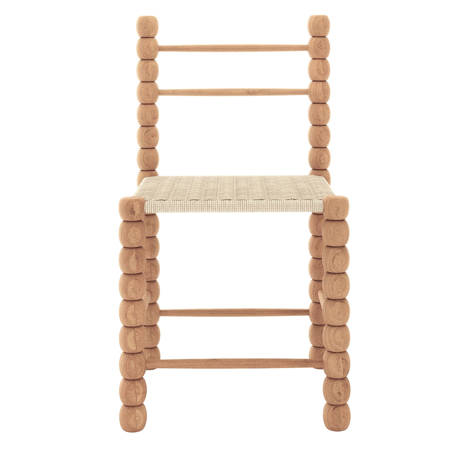 Em Solid Oak Dining Chair Set of 2 - Natural, featuring a bobbin-style wooden frame with cylindrical segments and a tightly woven natural-fiber seat, designed for durability and modern farmhouse aesthetics.